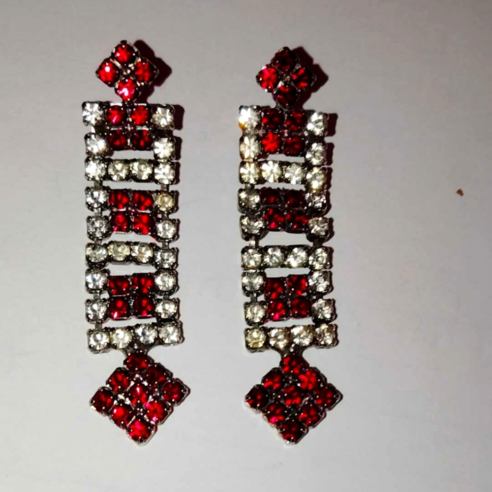 Vintage Statement Red & Clear Rhinestone Sparkling Pierced Earrings